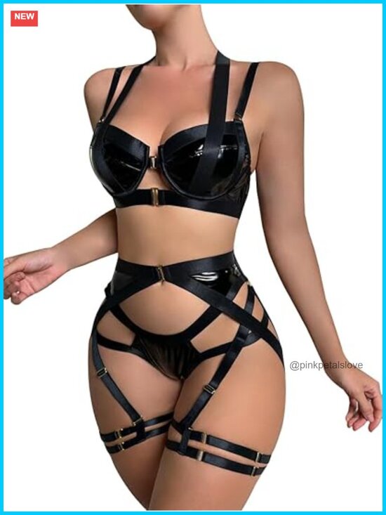 Other - Sexy Strappy Underwire Push Up Garter Belt Lingerie Set Harness Cutout Matching